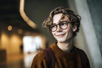 Young person with glasses and wavy hair wearing orange sweater smiling in modern interior with soft bokeh background.