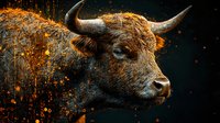Dramatic close-up portrait of Highland cattle bull with long horns dissolving into glowing golden particles against dark background, artistic digital manipulation.