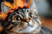 Adorable tabby cat wearing orange feathered Halloween costume with bright golden eyes looking up curiously for festive holiday pet photography.