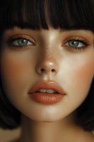 Close up portrait of mixed race young woman with green eyes, freckles, black bangs and coral lipstick showing natural beauty makeup look.