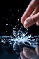 Finger breaking thin ice surface creating dramatic splash with water drops and reflection on dark background, captured in macro photography.
