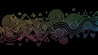 Abstract geometric pattern with flowing lines, spirals and triangular shapes in gradient colors on black background for modern design projects.