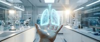 Holographic lungs floating above open palm in modern medical laboratory with advanced equipment and bright lighting for healthcare technology concepts.