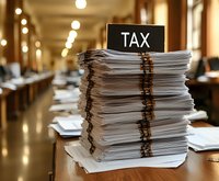 Large stack of tax documents and paperwork piled high on office desk with black tax sign, representing tax season preparation and financial compliance work.