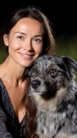 Young Asian woman with natural makeup smiling while embracing her mixed-breed Australian Shepherd dog against dark background, showing bond between pet and owner.