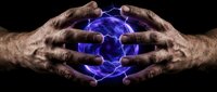 Hands of male adult with medium skin tone cupping glowing blue electric energy sphere with lightning bolts, symbolizing power, magic, technology, and mystical energy for spiritual or sci-fi concepts.