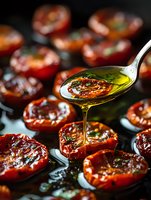 Roasted tomato halves drizzled with olive oil and herbs on dark background, close-up shot showing golden oil dripping from spoon in dramatic lighting.