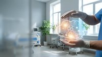Professional healthcare worker holding glowing digital brain with network connections in modern medical office environment for technology innovation concepts.