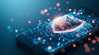 Glowing shield icon on smartphone screen with digital particles and bokeh effects in blue and orange tones illustrating cybersecurity and data protection concept.
