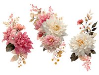 Elegant floral arrangements featuring pink and white dahlias with delicate berries and foliage on transparent background for wedding invitations and design projects.