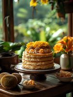 Layered crepe cake decorated with caramelized mandarin oranges and fresh sunflowers on rustic wooden table with garden view background. Cozy autumn dessert setting.