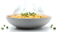 Hot noodle soup with chopped green onions in modern gray ceramic bowl on white background, steam rising from fresh Asian cuisine, isolated food photography.