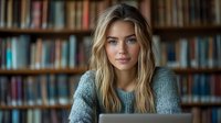 Young Caucasian woman with blonde wavy hair wearing gray knit sweater sitting in library, looking at camera with gentle smile. Bookshelves with many books in background.