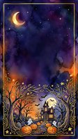 Spooky haunted house surrounded by bare trees, jack-o-lanterns, and ghosts under a crescent moon and starry night sky. Halloween-themed artwork with warm orange and deep purple tones.
