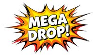 Comic book explosion burst with MEGA DROP text in bold letters on transparent background for promotional designs and marketing materials.