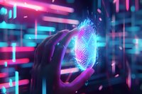 Glowing digital fingerprint scan with hand silhouette against neon cybersecurity background featuring pink and blue light effects, technology concept for biometric access.