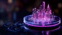 Futuristic glowing cityscape hologram in purple and blue neon colors floating above circular platform against dark background, modern technology concept.