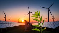 Green plant growing with wind turbines and solar panels at sunset representing sustainable renewable energy development and environmental conservation.