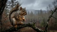 Gray squirrel sitting on tree branch in autumn forest with blurred natural background. Wildlife photography perfect for nature and outdoor themes.