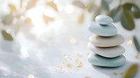 Balanced zen stones pyramid with soft bokeh lights and falling golden glitter on light background, wellness and meditation concept.