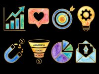 Growth chart with upward arrow, heart speech bubble, target with bullseye, light bulb with star, magnet with dollar signs, funnel with awareness stages action text, pie chart in purple and green, and envelope with rocket icon isolated on transparent background. Ready for t-shirt designs, clipart, stickers, print-on-demand products, and sublimation projects.