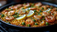 Traditional Spanish seafood paella with pink shrimp, saffron rice, green peas, red peppers and lemon slices in black cast iron pan, close up view.