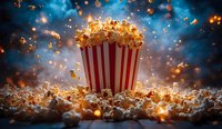 Buttery popcorn in classic red striped container with magical sparkling lights against dramatic blue background for entertainment concept.