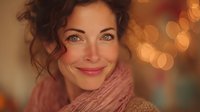 Smiling woman with curly hair and blue eyes wearing pink scarf against warm bokeh background, creating cozy autumn or winter holiday atmosphere.