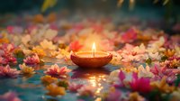 Glowing diya lamp surrounded by colorful floating flowers in water, creating spiritual ambiance with soft candlelight reflection for meditation and wellness.