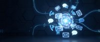 Digital communication network with glowing email icons and messaging symbols floating around central bright sphere on dark technological background.