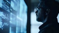 Mature businessman with glasses analyzing digital data on multiple screens in dark office environment with blue technology glow.
