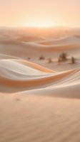 Soft-focused desert landscape with rolling sand dunes in warm beige and cream tones, distant palm trees, and golden sunrise light creating serene, minimalist scenery for travel and nature backgrounds.