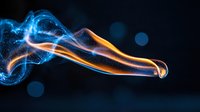 Glowing orange and blue energy streams flow through dark space creating dynamic light trails with bokeh effect, abstract motion design background.