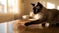 Siamese kitten playing with straw toy on wooden table in sunlit room, curious young cat batting at natural fiber toy indoors.