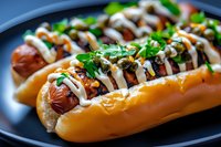 Gourmet hot dog topped with grilled onions, fresh herbs, mayo drizzle and mustard served on toasted brioche bun, close up view on dark plate. Food photography.