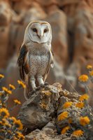 Majestic barn owl perched on rocky outcrop surrounded by yellow wildflowers in natural habitat, displaying distinctive heart-shaped facial disc and speckled plumage.