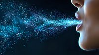Ethereal glowing blue particles flow from feminine lips against dark background, creating magical atmosphere effect for fantasy and creative designs.