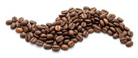 Fresh roasted coffee beans scattered on white background, isolated for cafe menu design, beverage branding and culinary projects.