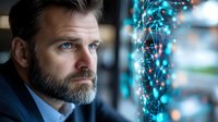 Middle-aged Caucasian businessman with beard analyzing digital network data visualization with glowing connections and nodes for technology presentations.