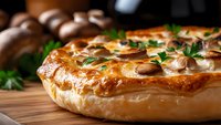 Fresh baked mushroom pie with golden brown crust and parsley garnish on wooden cutting board, close up view showing flaky pastry texture and savory filling.
