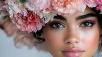 Young woman with natural makeup wearing pink and peach floral crown. Close up portrait showing radiant skin, defined brows and soft pink lips against blurred background.