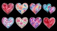 Decorative heart shapes with ornamental patterns, floral designs, watercolor effects, and metallic borders isolated on transparent background. Ready for t-shirt designs, stickers, clipart, sublimation, and print-on-demand products.