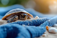 Baby turtle resting on blue textured towel with pebbles, captured in soft natural lighting with shallow depth of field and warm bokeh background.