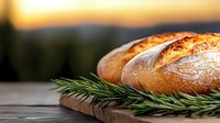 Fresh crusty artisanal bread loaves with golden crust on wooden board, garnished with aromatic rosemary sprigs against blurred sunset background.