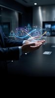 Businessman holding holographic digital transformation workflow with glowing icons and data visualization in modern office environment for business innovation.