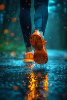 Orange sneaker splashing through puddle at night with water droplets and bokeh lights creating dramatic reflection against dark teal background. Lifestyle action shot.