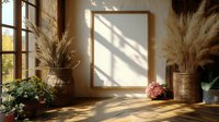 Sunlit interior with empty wooden frame on beige wall, pampas grass in woven baskets, potted plants and dramatic window light casting shadows. Boho home decor.