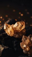 Golden citrine crystals on dark stone with warm bokeh lights creating mystical atmosphere for healing and meditation practices.