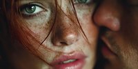 Close-up portrait of young Caucasian woman with freckles and green eyes, red hair strands across face, intimate moment with male partner nearby.