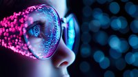 Futuristic cyberpunk portrait with glowing digital glasses emitting pink and blue light particles against dark background with bokeh effect. Concept of virtual reality.